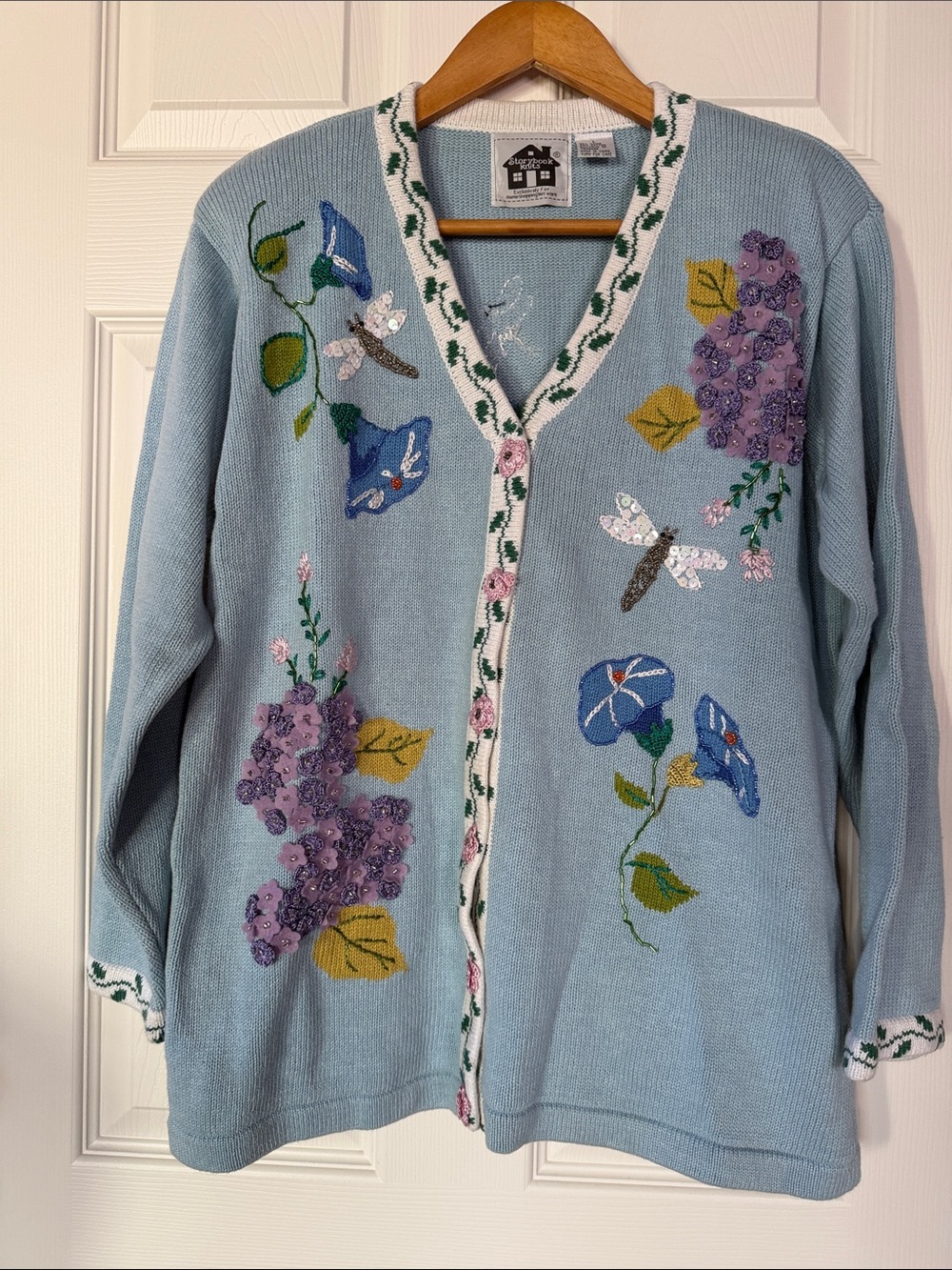 Vintage Storybook Knits Womens Cardigan Sweater Large- Flowers and Dragonflies